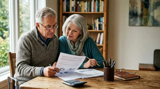 Couple senior consultant des documents financiers dans un bureau lumineux avec des graphiques de projection de revenus