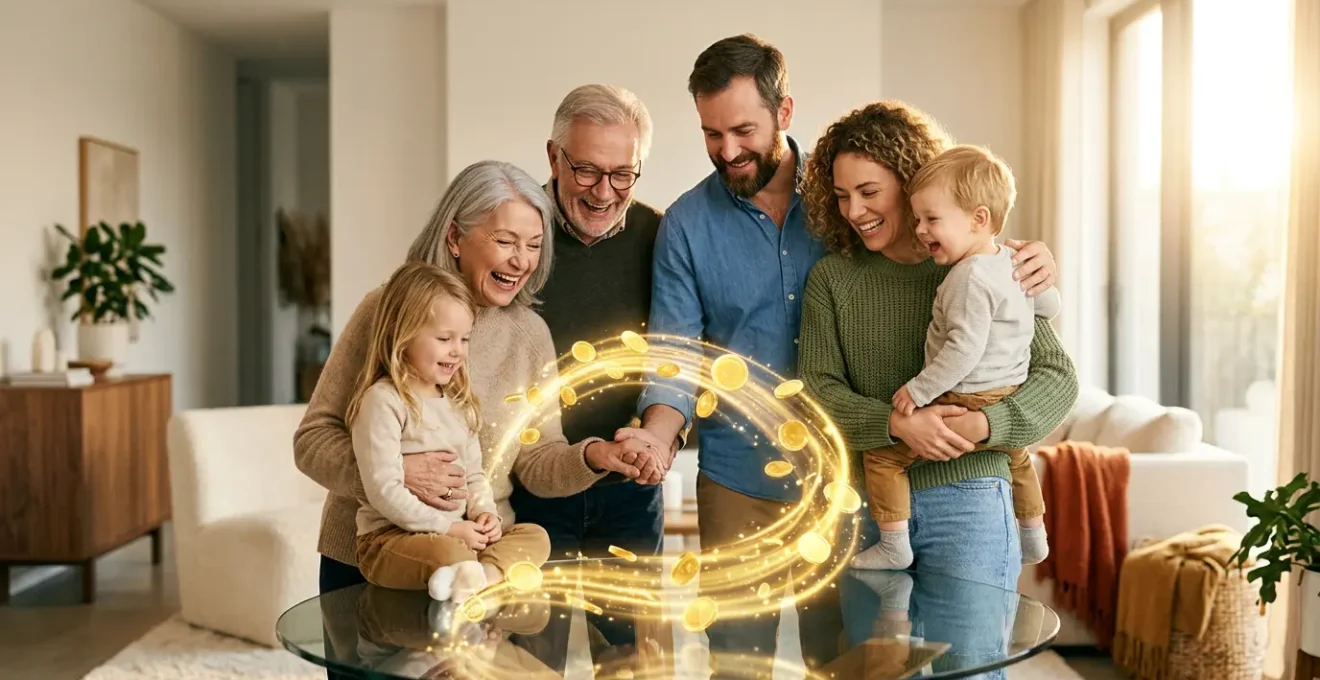 Famille rassurée autour d'un coffre-fort symbolique représentant la sécurité financière