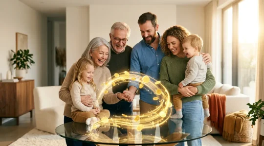 Famille rassurée autour d'un coffre-fort symbolique représentant la sécurité financière