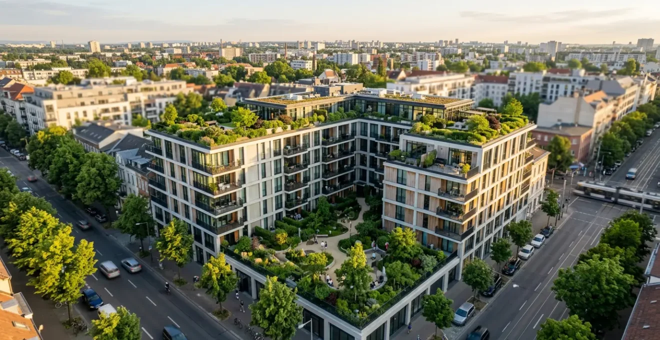 Vue aérienne d'un immeuble de rapport avec jardin intérieur et terrasses végétalisées dans un quartier urbain dynamique