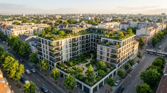 Vue aérienne d'un immeuble de rapport avec jardin intérieur et terrasses végétalisées dans un quartier urbain dynamique