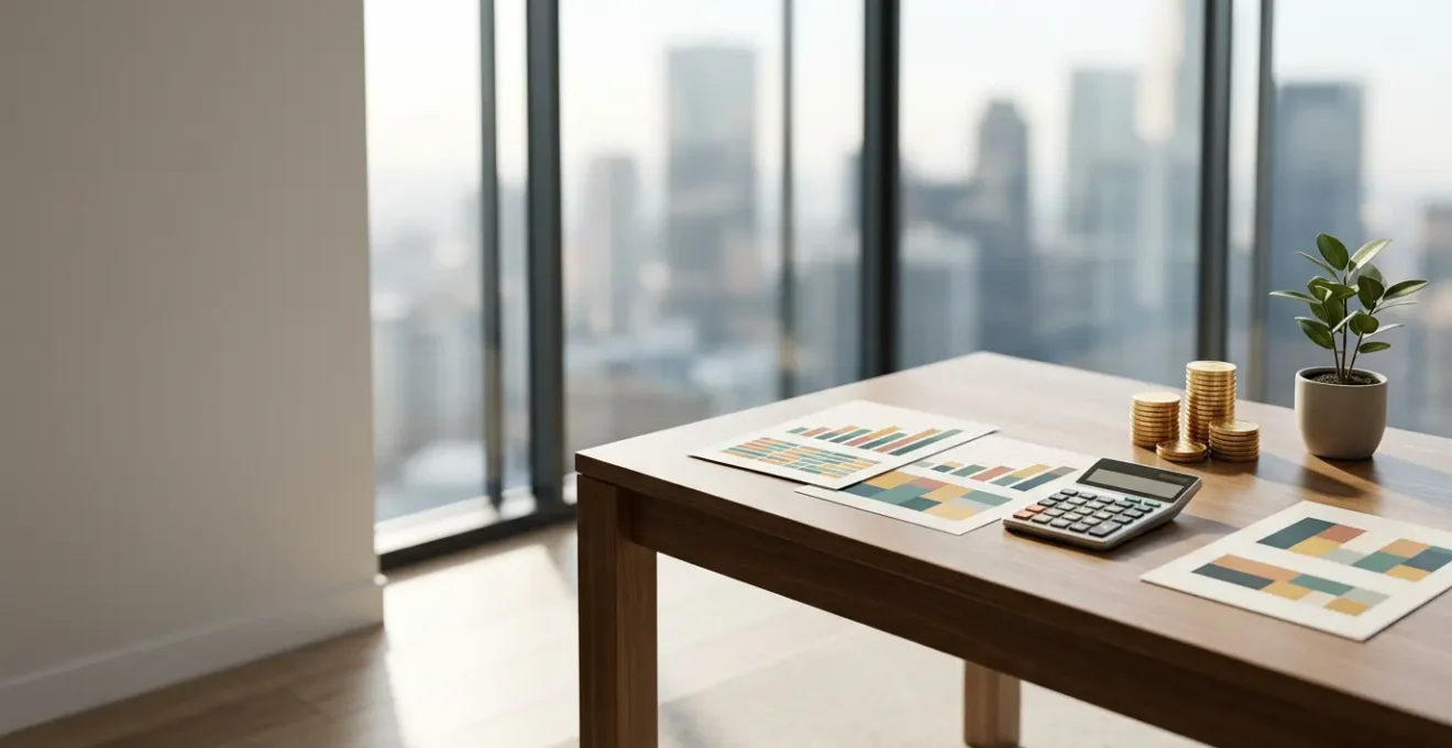 Bureau moderne avec graphiques financiers et calculatrice montrant une stratégie d'investissement