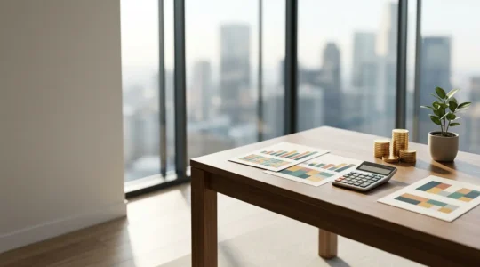 Bureau moderne avec graphiques financiers et calculatrice montrant une stratégie d'investissement