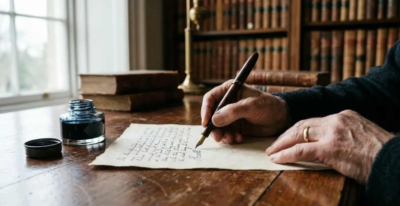Rédaction manuscrite d'un testament olographe avec plume et encre sur bureau en bois ancien