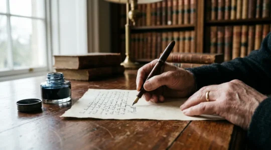 Rédaction manuscrite d'un testament olographe avec plume et encre sur bureau en bois ancien