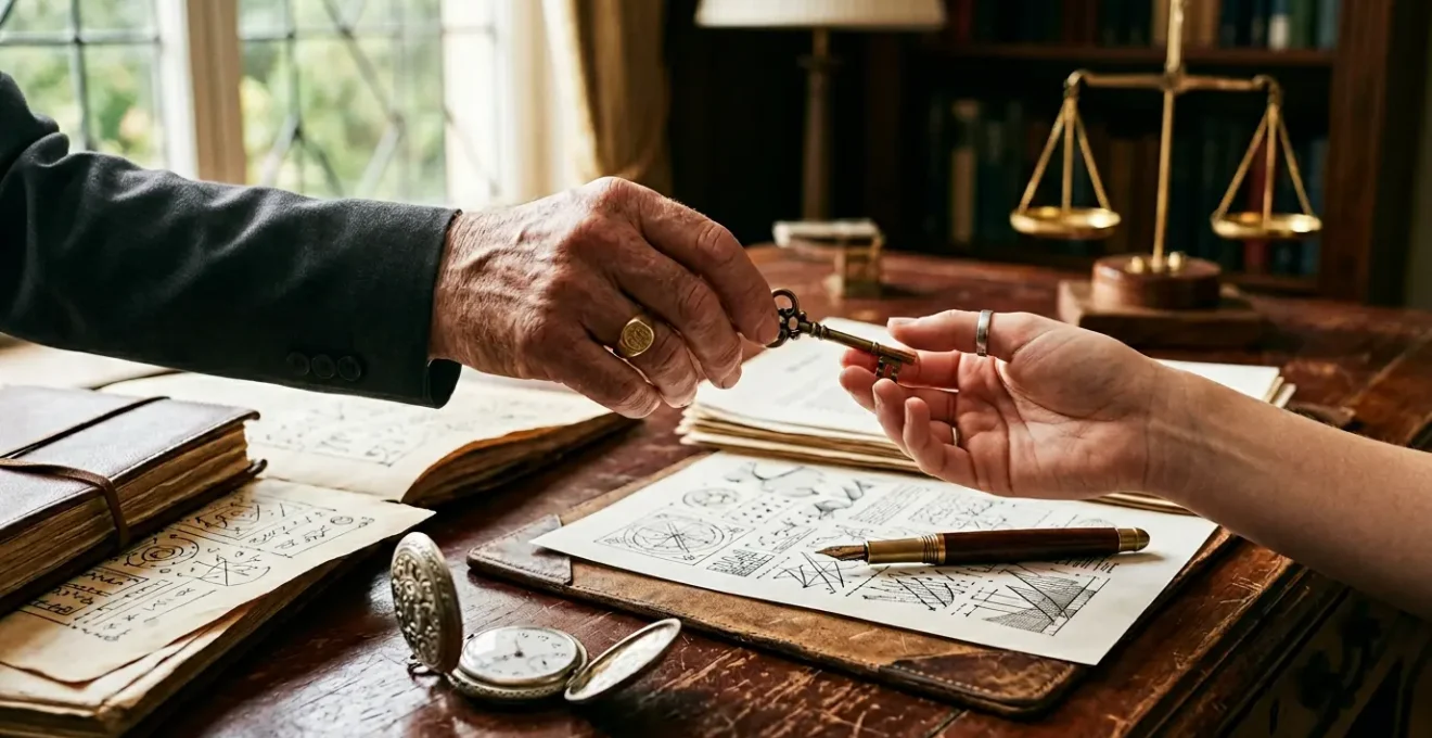 Documents patrimoniaux et calculs de transmission avec stylo plume sur bureau en bois noble