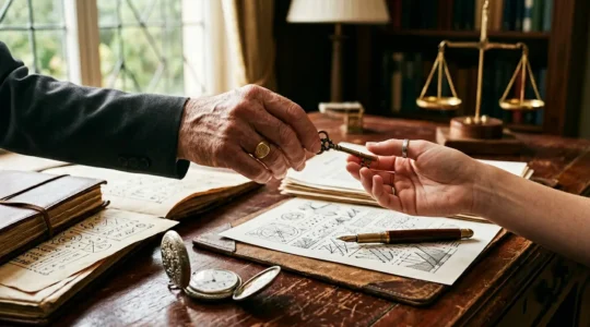 Documents patrimoniaux et calculs de transmission avec stylo plume sur bureau en bois noble