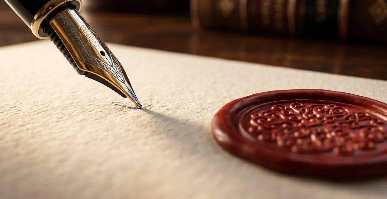 Main signant un document officiel chez le notaire avec sceau de cire et plume
