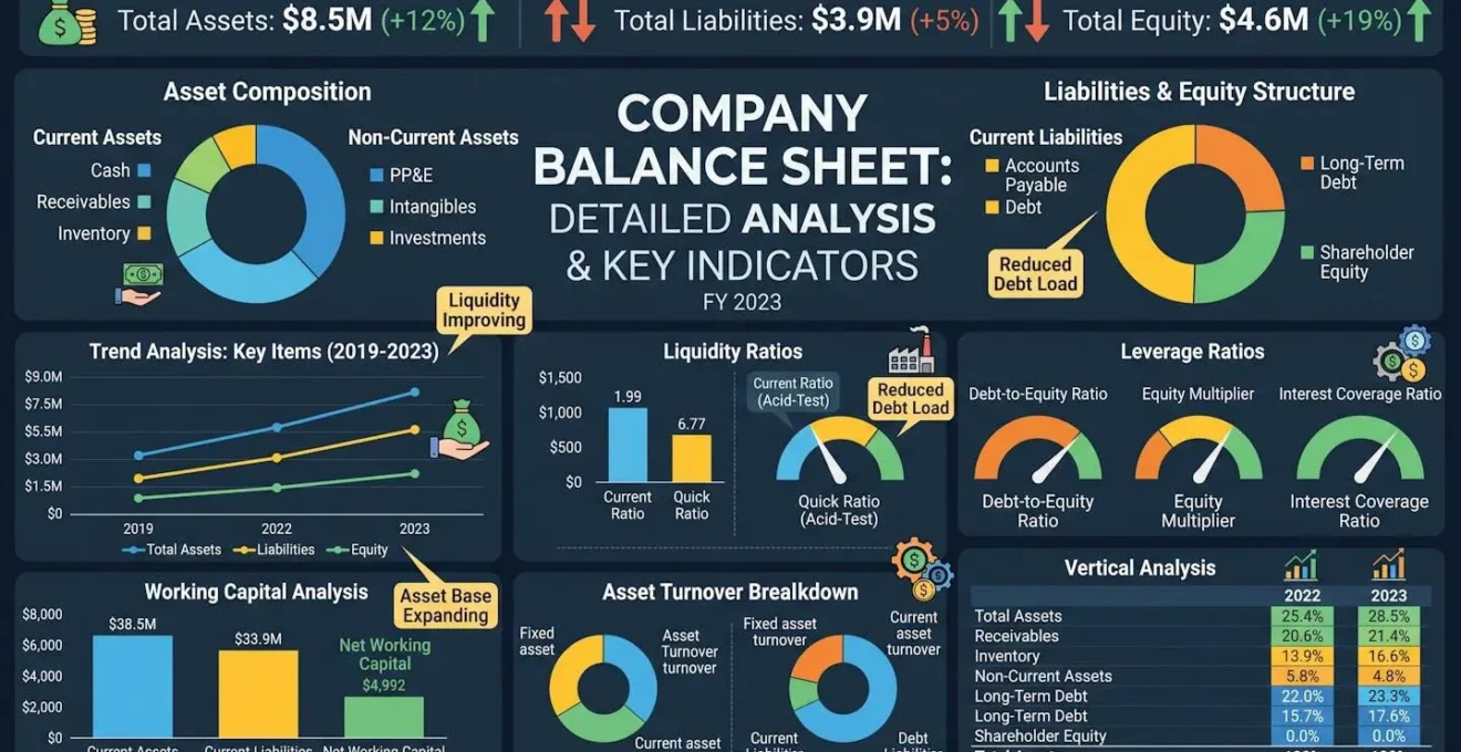 Analyse détaillée d'un bilan d'entreprise avec indicateurs financiers clés