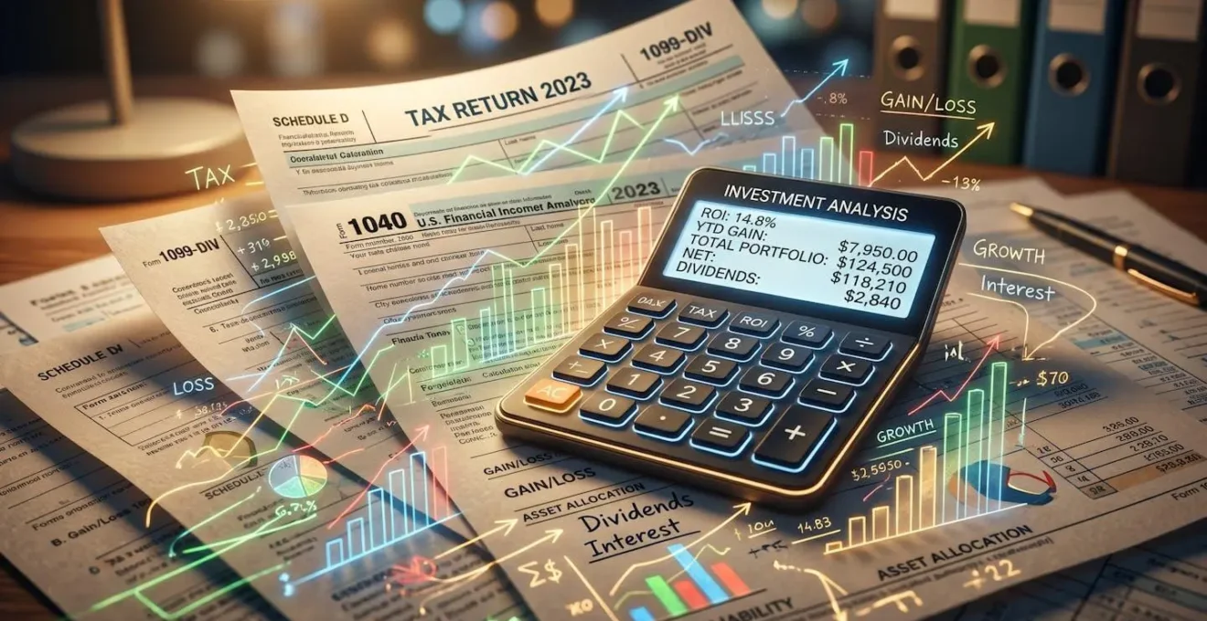 Documents fiscaux abstraits avec calculatrice montrant une analyse d'investissement