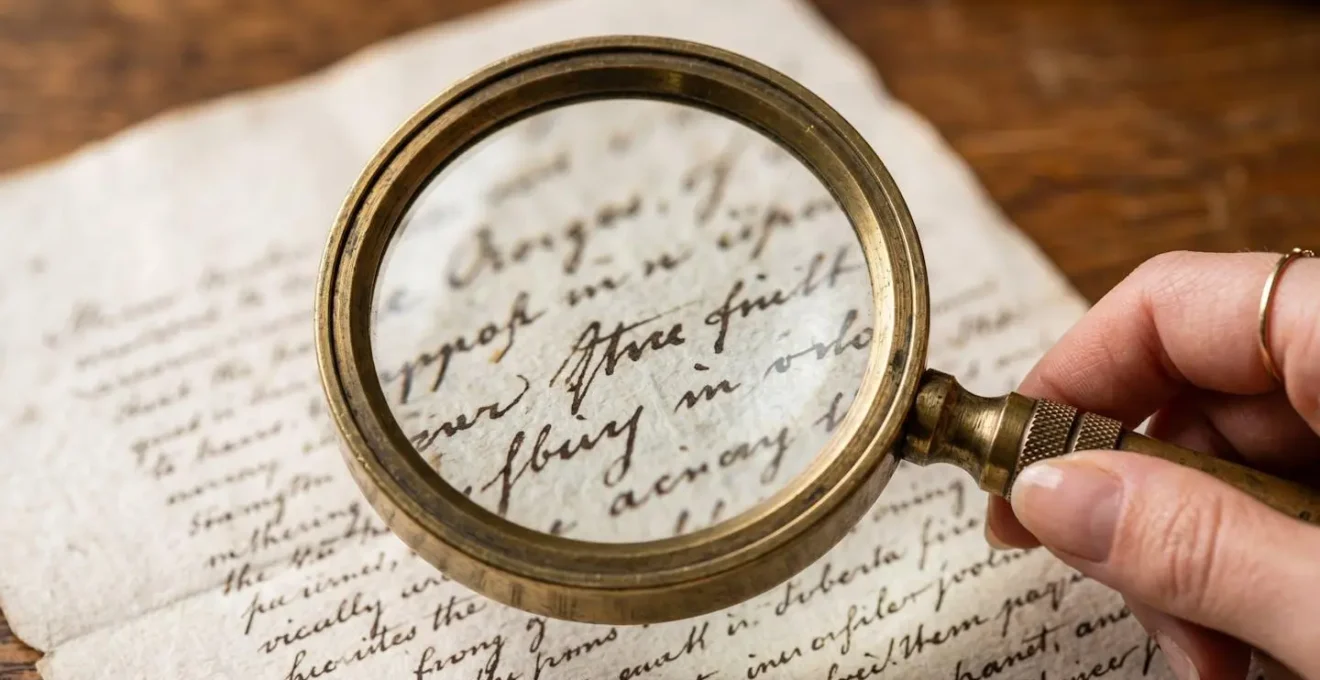 Gros plan macro sur une main tenant une loupe examinant un document manuscrit