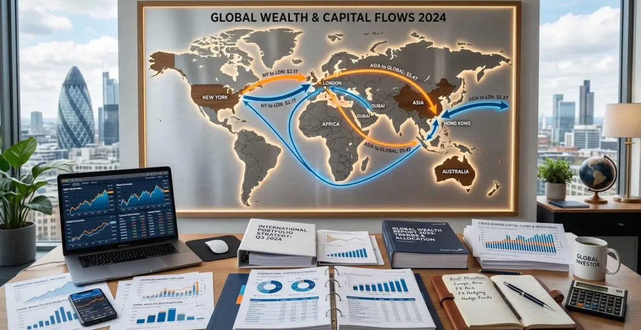 Bureau avec documents financiers et carte du monde montrant les flux patrimoniaux internationaux