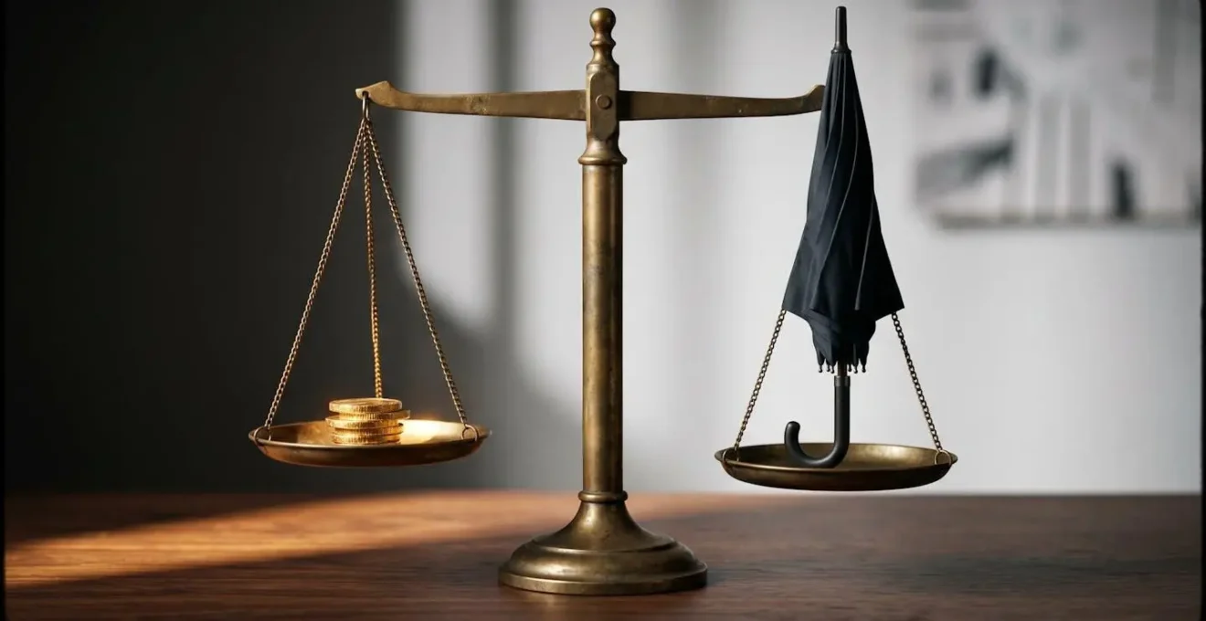 Balance équilibrée entre pièces de monnaie et parapluie symbolisant le rapport coût-protection de l'assurance chômage