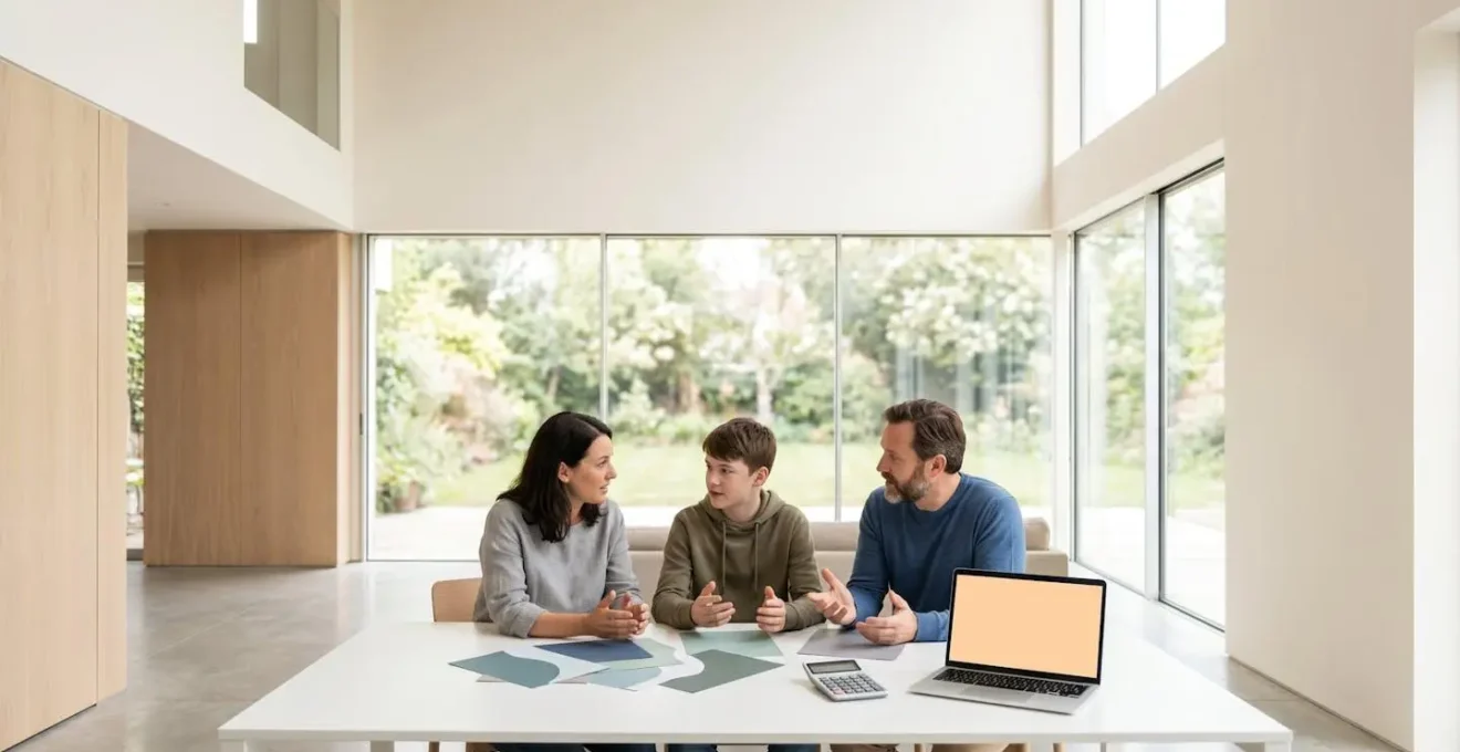 Famille calculant le budget études avec documents financiers abstraits