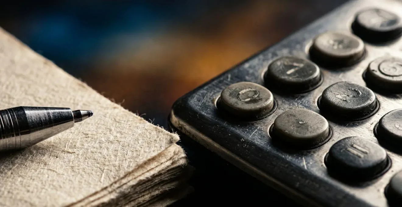 Vue macro détaillée de documents comptables et calculatrice professionnelle