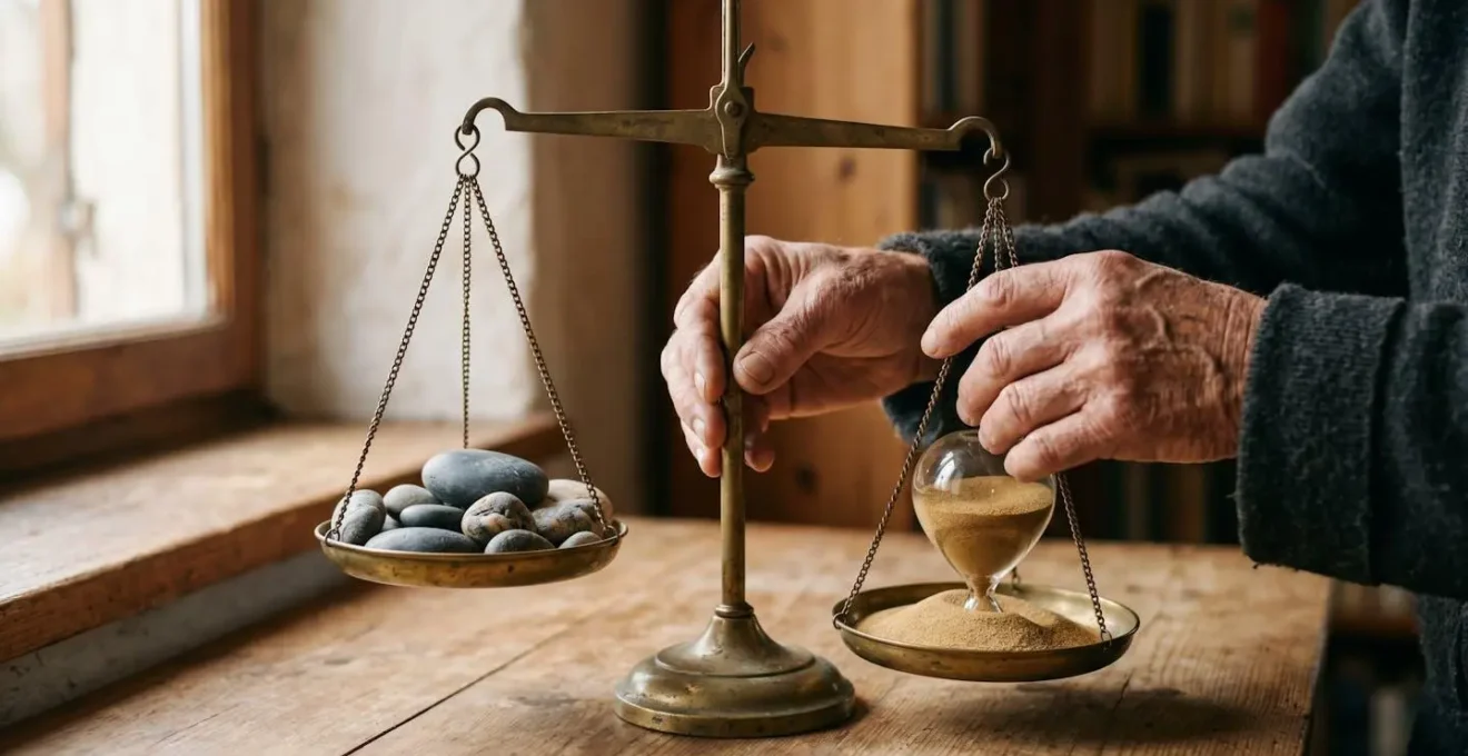Balance ancienne en équilibre symbolisant le choix entre capital et rente