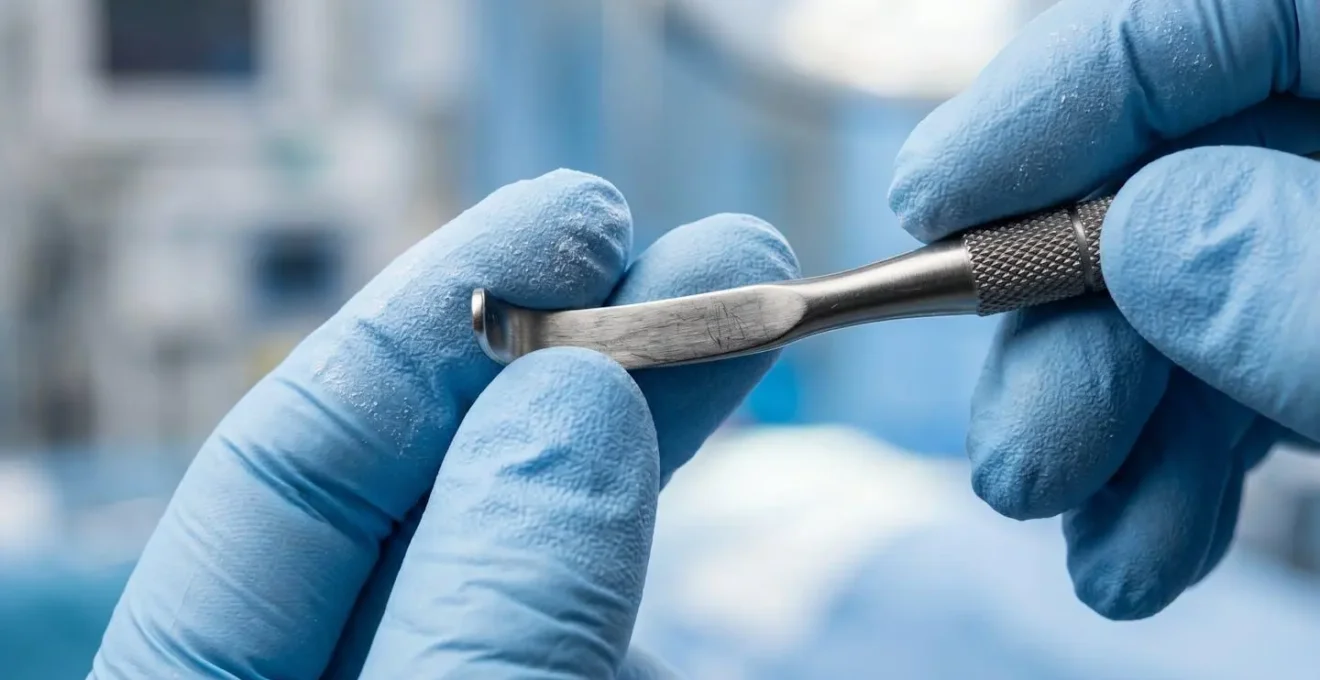 Mains de professionnel médical examinant des instruments avec une lumière douce en arrière-plan