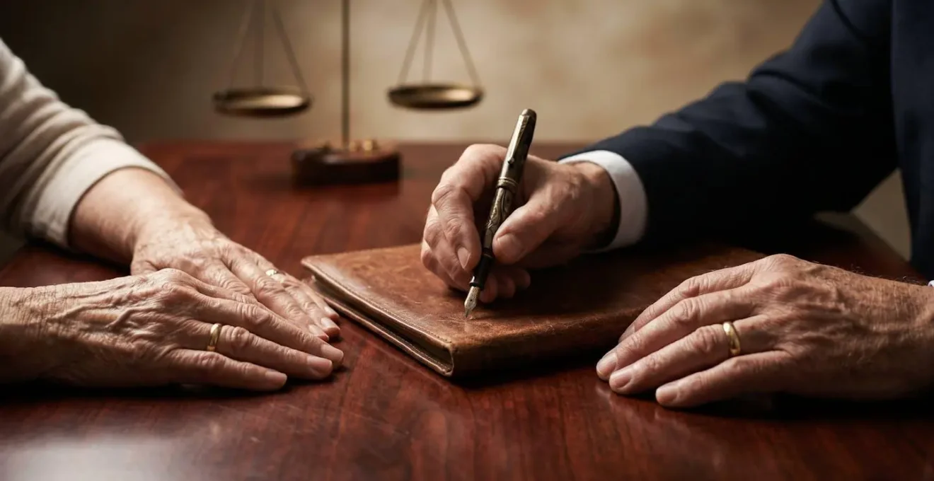 Couple senior consultant un notaire dans son bureau pour modifier leur régime matrimonial