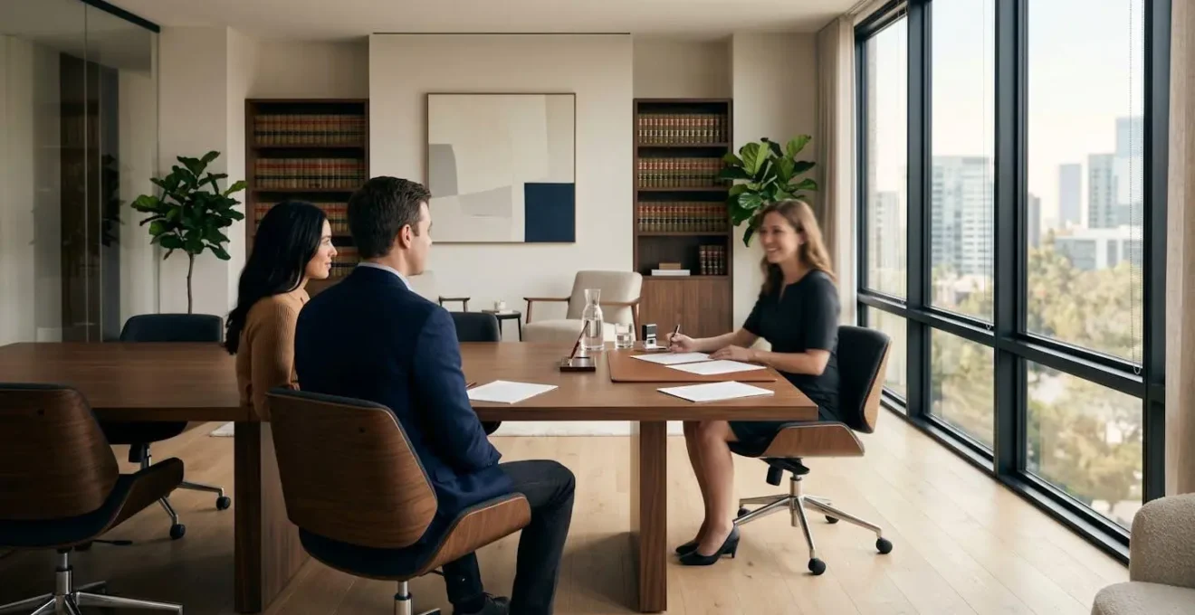 Couple signant des documents importants chez le notaire
