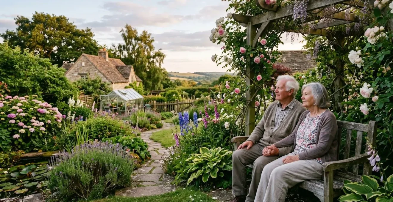 Vue environnementale d'un couple senior dans leur jardin contemplant l'avenir ensemble