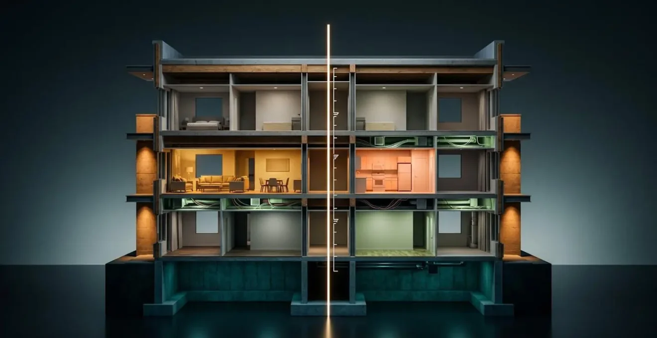 Vue en coupe d'un appartement meublé montrant les différents composants amortissables avec leurs durées respectives