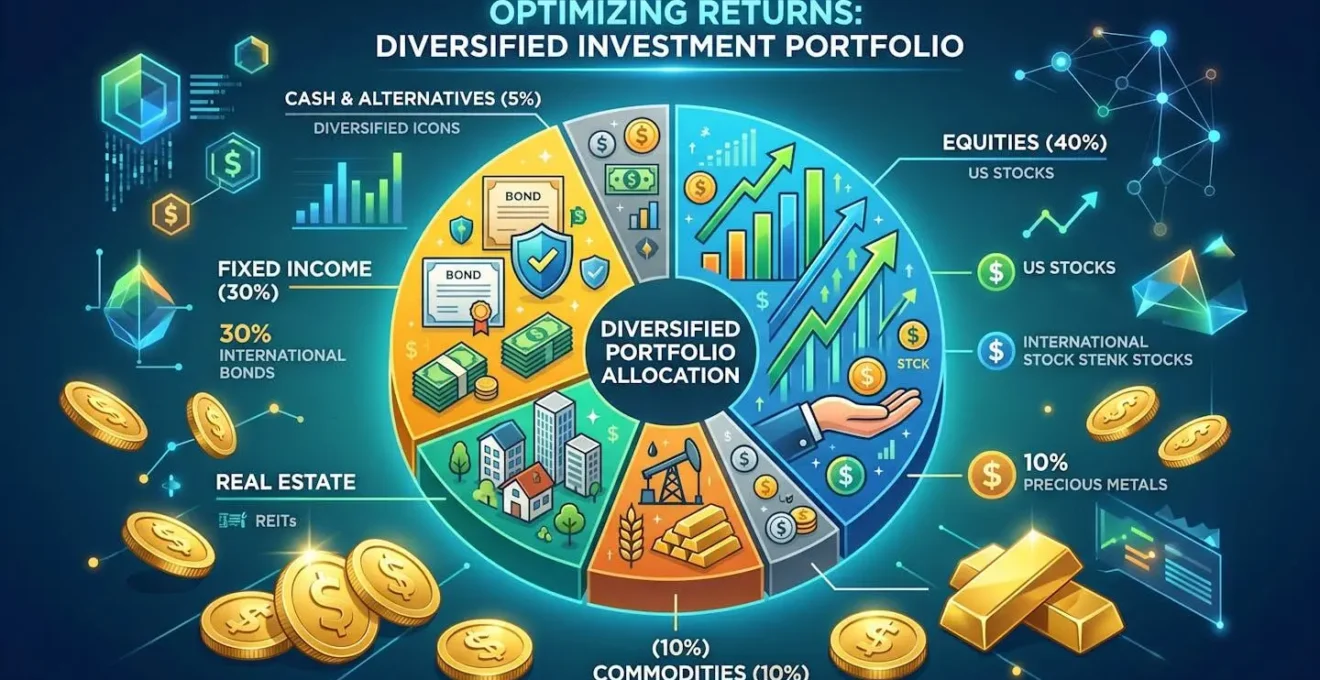Répartition visuelle d'un portefeuille diversifié avec pièces d'or et graphiques abstraits
