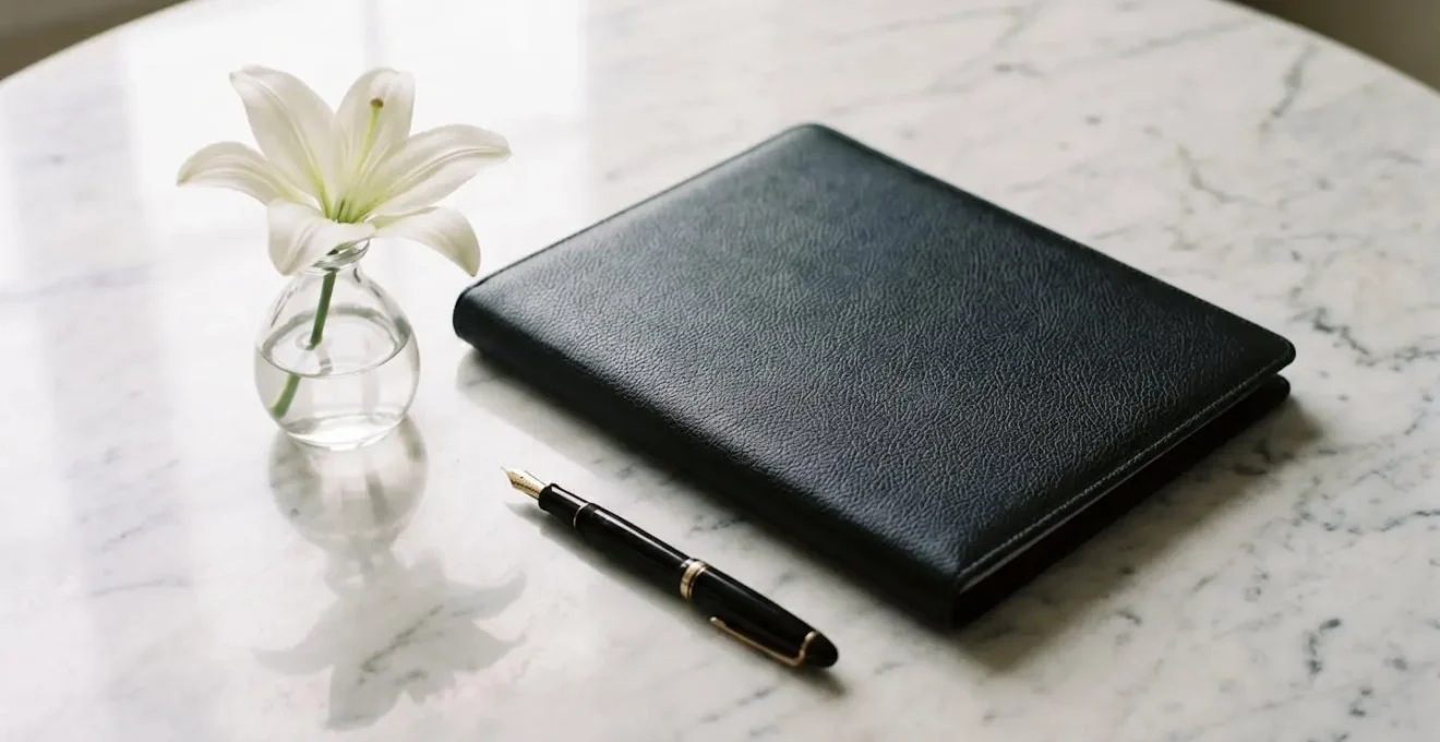 Bureau organisé avec dossiers et stylo pour les démarches funéraires