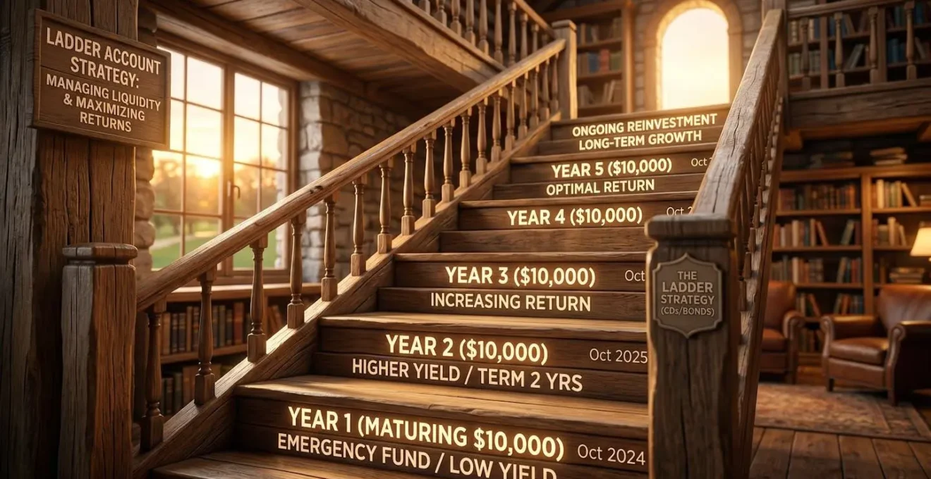 Escalier en bois symbolisant la stratégie d'échelle des comptes à terme