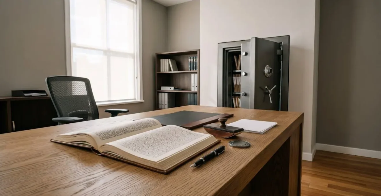 Bureau de notaire avec registre officiel et coffre-fort pour conservation sécurisée des testaments