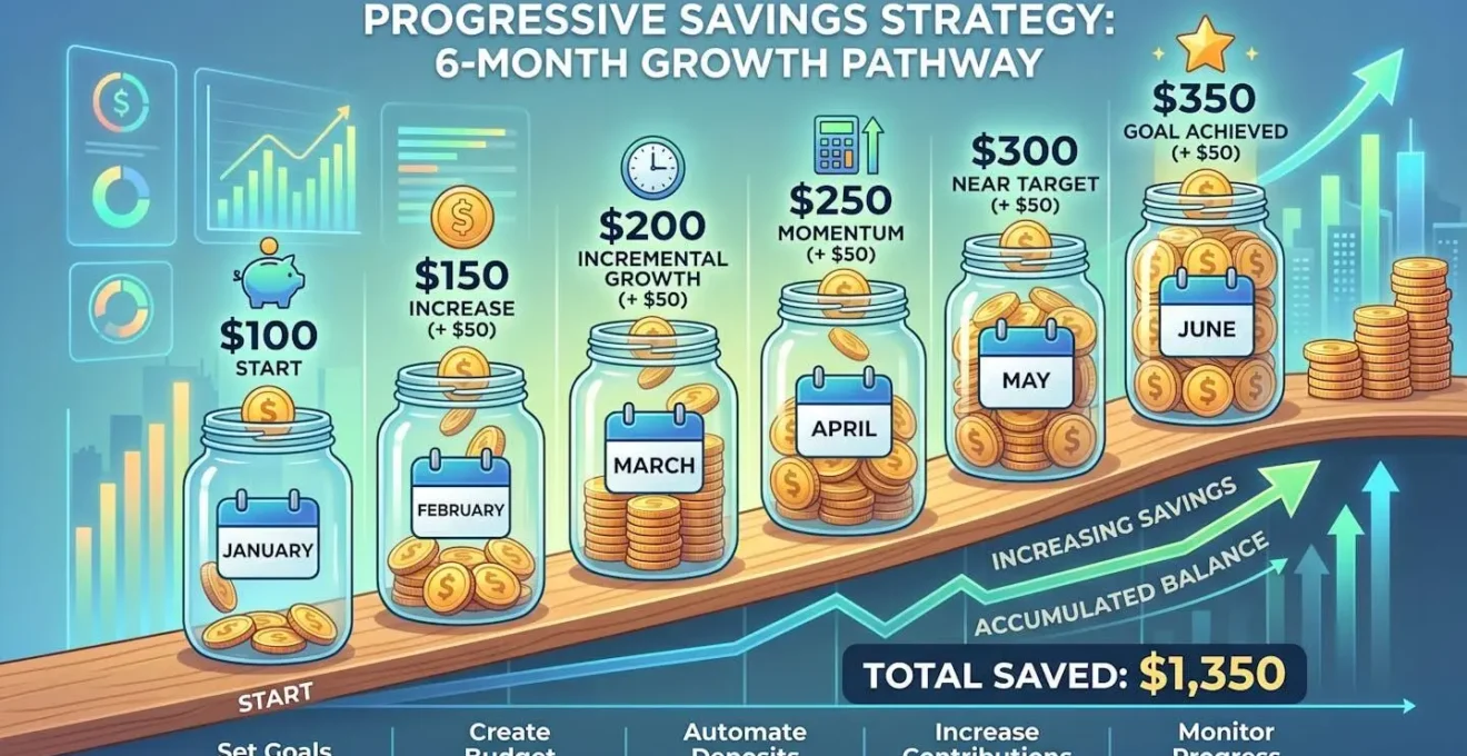 Représentation visuelle d'une stratégie d'épargne progressive sur 6 mois