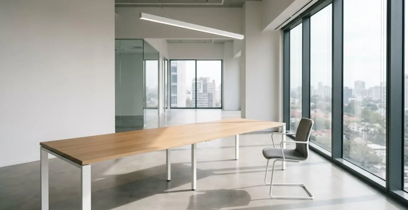 Environnement de bureau minimaliste avec vue large montrant l'espace de travail