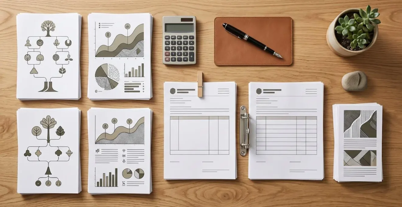Vue aérienne d'un bureau de notaire avec documents et calculs de valorisation
