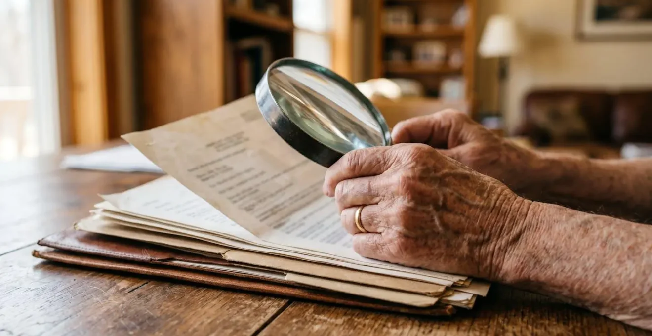 Mains consultant des documents financiers avec loupe pour illustrer la recherche de contrats d'assurance