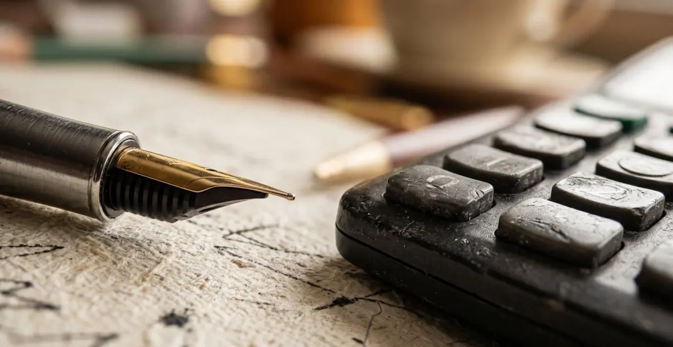 Gros plan macro sur des documents notariés avec stylo plume et calculatrice