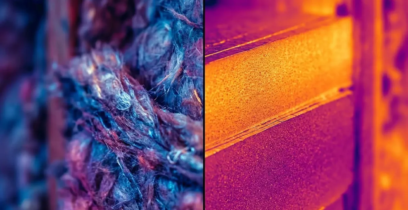 Vue thermographique en diptyque montrant une maison avant et après rénovation énergétique avec isolation visible