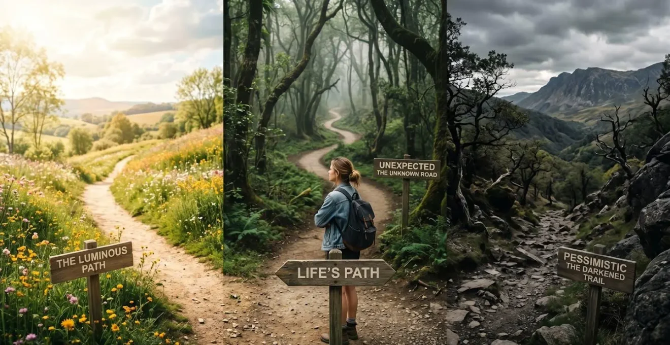 Personne contemplant trois chemins divergents symbolisant les scénarios de vie optimiste, pessimiste et imprévu