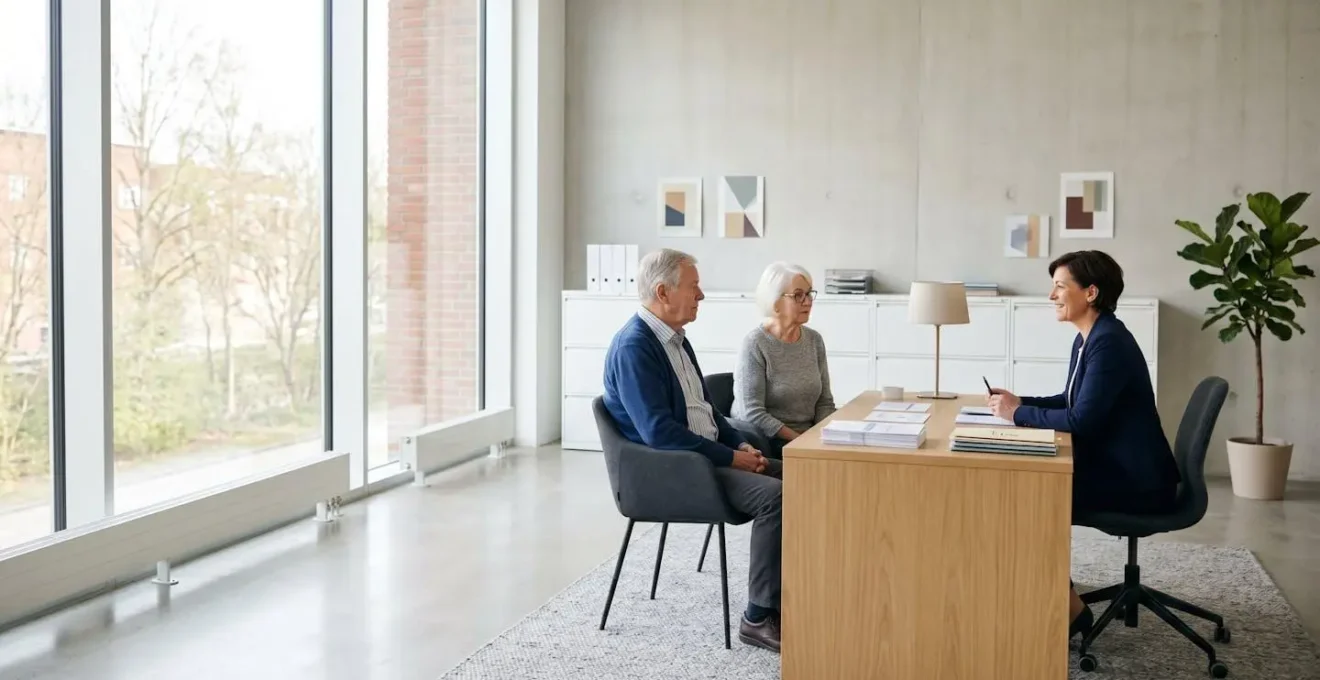 Couple de seniors examinant des formulaires administratifs avec une assistante sociale dans un bureau lumineux