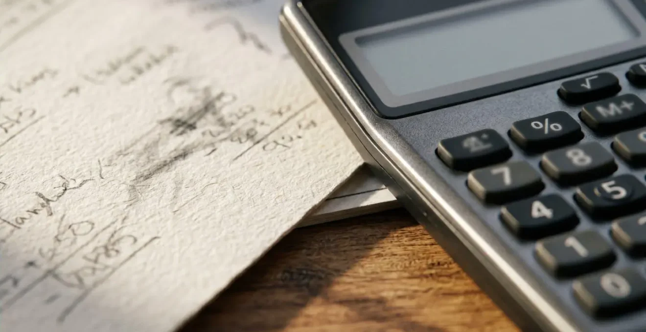 Vue macro de documents financiers avec calculatrice montrant des calculs de revenus de retraite