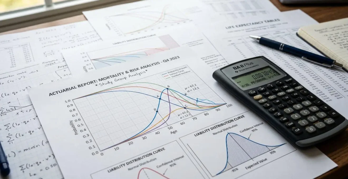 Vue macro de documents actuariels avec courbes statistiques et calculatrice