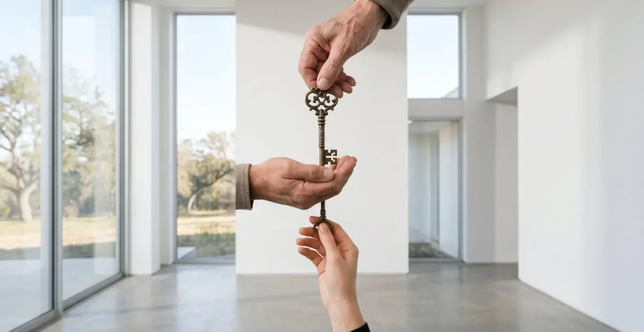 Trois générations de mains passant symboliquement une clé dorée de l'une à l'autre