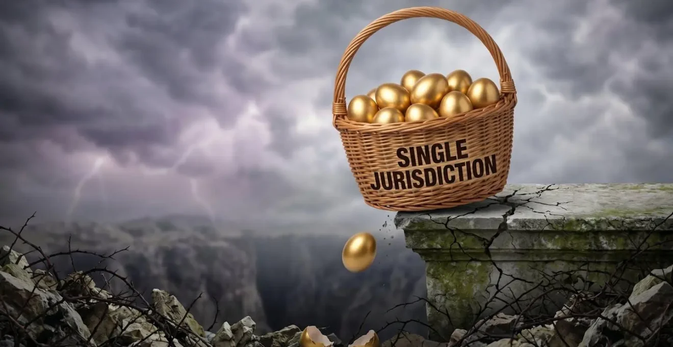 Représentation visuelle du risque de concentration patrimoniale dans une seule juridiction, avec des œufs dorés dans un seul panier.
