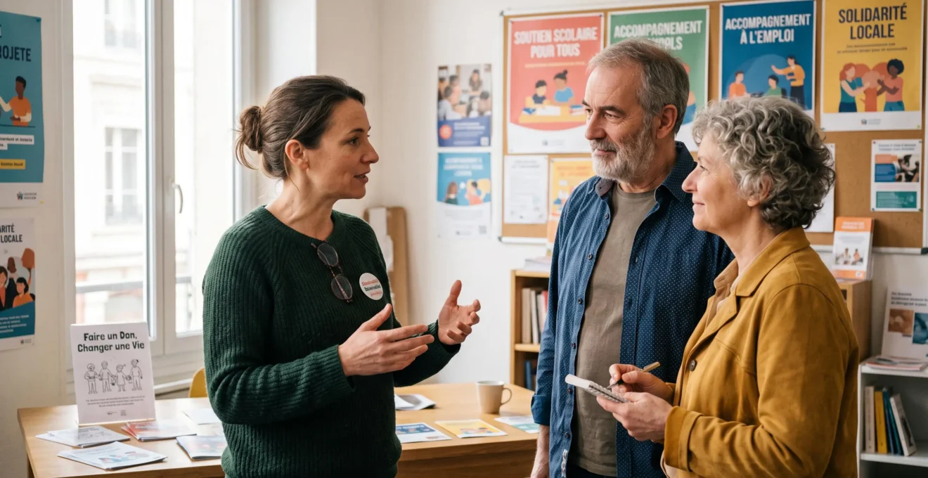 Représentante d'une association d'utilité publique échangeant avec deux personnes dans un espace associatif lumineux