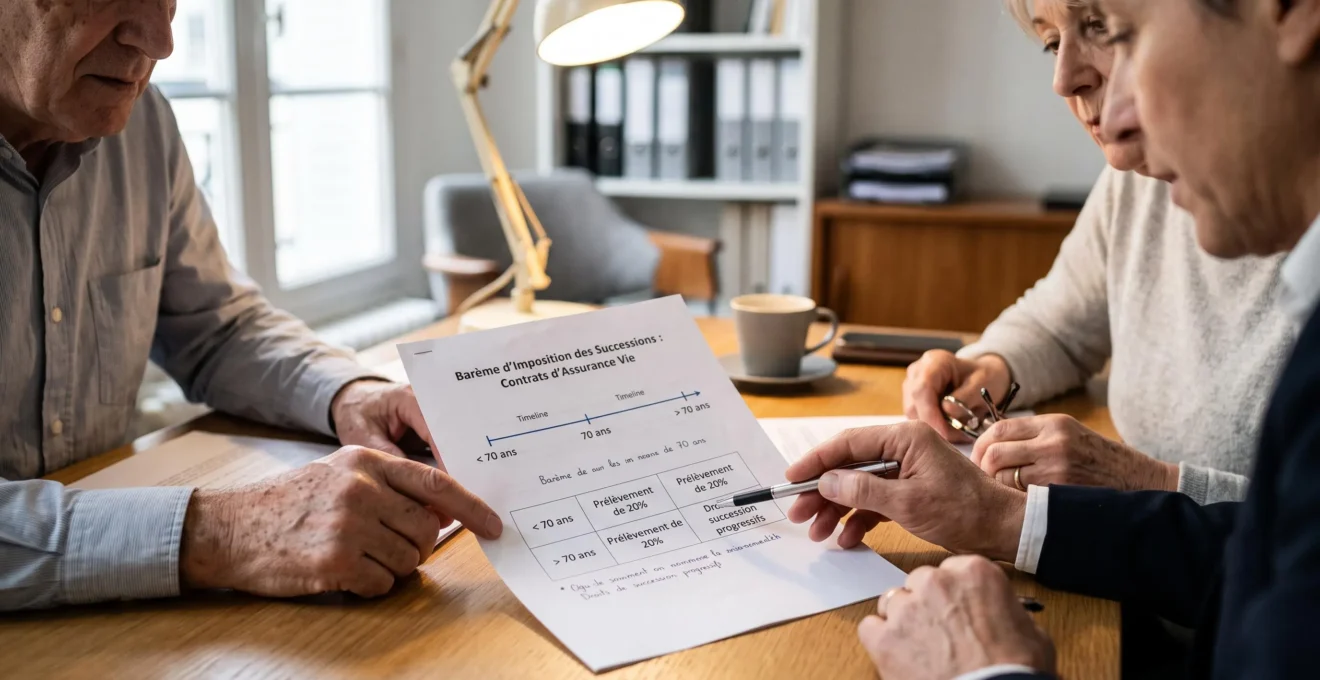 Mains d'un couple de seniors et de leur conseiller examinant un document montrant les seuils d'âge fiscaux de l'assurance vie