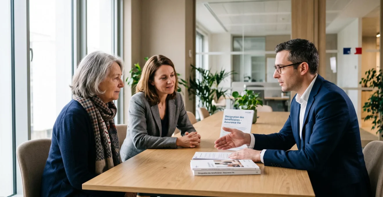 Conseillère en gestion de patrimoine expliquant les options de désignation des bénéficiaires d'assurance vie à une mère et sa fille dans un bureau contemporain