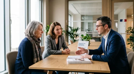 Conseillère en gestion de patrimoine expliquant les options de désignation des bénéficiaires d'assurance vie à une mère et sa fille dans un bureau contemporain