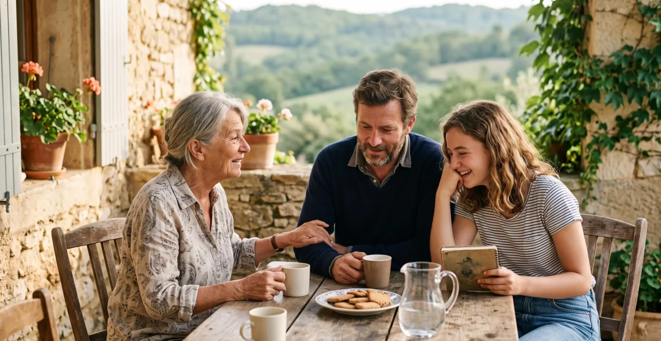 Trois générations d'une famille française réunies dans un moment de partage en extérieur ou dans un intérieur lumineux