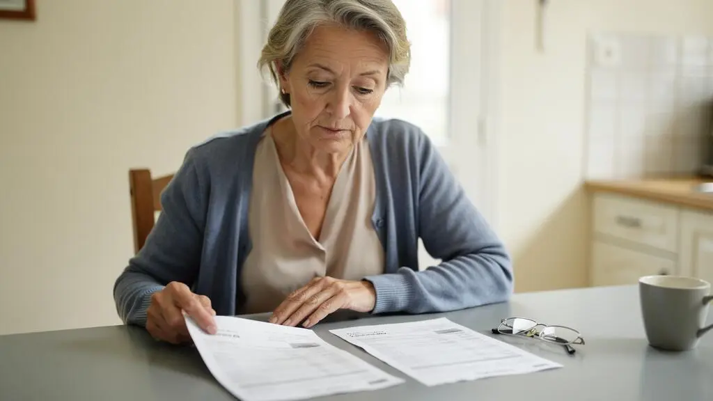 Une femme senior compare deux relevés de comptes posés côte à côte sur la table de sa cuisine.