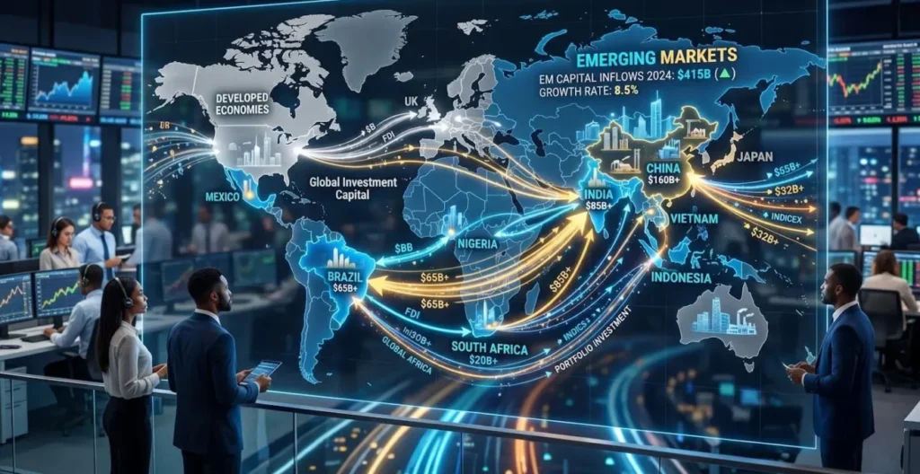 Représentation des flux d'investissement vers les marchés émergents