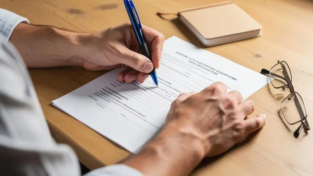 Une personne remplit à la main un formulaire de souscription d'épargne sur une table en bois.